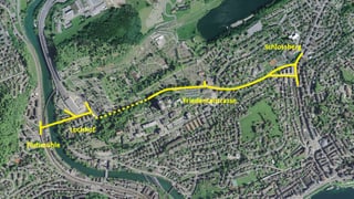 Luftbildausschnitt der Stadt Luzern mit eingezeichneten gelben Linien für eine Strassenprojekt. 