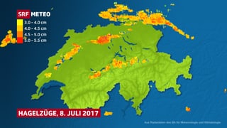 Die Grafik zeigt die Hagelzüge von Samstagabend. Besonders betroffen war der Jurasüdfuss, das zentrale Mittelland und die Region um den Bodensee.