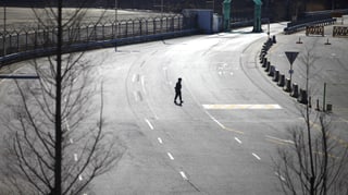 Ein einsamer Mann auf der breiten Verbindungsstrasse zwischen dem Industrie-Komplex von Kaesong und der Grenze zu Südkorea.