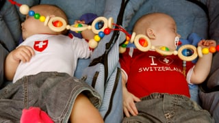 Zwei schlafende Babys in einem Doppelkinderwagen, beide tragen T-Shirts mit Schweizerkreuz.