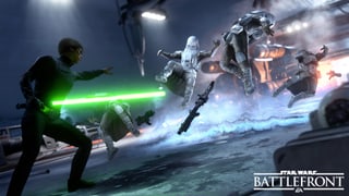 Luke Skywalker mit grünem Laser-Schwert nutzt die Macht.