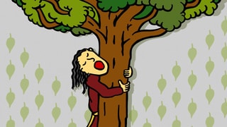Eine Zeichnung, die einen Mann zeigt, der einen Baum umarmt.