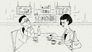 Eine Illustration von Nino Christen zeigt einen Mann und eine Frau beim Kaffee.