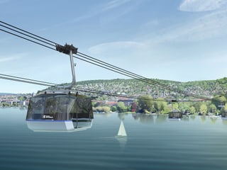 Die neue Gondelbahn der ZKB, die über den Zürichsee schwebt.