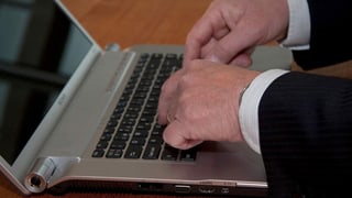 Hände bewegen sich auf einer Laptop-Tastatur.