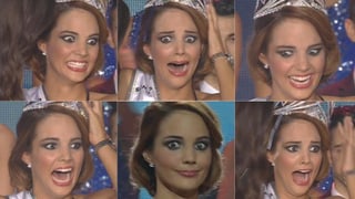 Sechs verschiedene Gesichtsausdrücke der Überwältigung von Laetitia Guarino in einer Bildcollage.