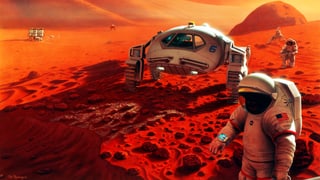 Raumfahrt zum Mars: Illustration mit Marsmobil und Astronauten.