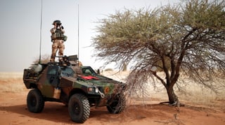 Ein Soldat steht auf einem militärischen Geländefahrzeug und beobachtet das Wüstengelände mit dem Feldstecher.