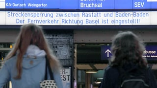 Passagiere vor einer Anzeigetafel, die die Störung mitteilt. Passagiere vor einer Anzeigetafel, die die Störung mitteilt.