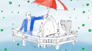 Illustration eines blau gekleideten Mannes, der einen rot-weiss gestreiften Schirm über eine abstrakt gezeichnete Schweiz mit Matterhorn und Prime Tower hält. Illustration eines blau gekleideten Mannes, der einen rot-weiss gestreiften Schirm über eine abstrakt gezeichnete Schweiz mit Matterhorn und Prime Tower hält.