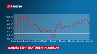 Der Verlauf der Januartemperatur in Adelboden. An lediglich einem Tag sinkt der rote Temperaturverlauf unter die weisse Linie der Norm.