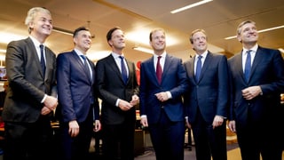 Geert Wilders (PVV), Emile Roemer (SP), Mark Rutte (VVD), Lodewijk Asscher (PvdA), Alexander Pechtold (D66) und Sybrand van Haersma Buma (CDA).