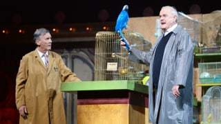 Zwei ältere Herren im Regenmantel. Einer der Herren hält einen blauen Papagei in der Hand.