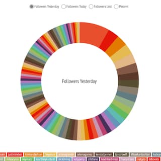 Eine Kreisscheibe mit farbigen Unterteilungen zeigt den Follower-Verlust der Instagram-Prominenz. Eine Kreisscheibe mit farbigen Unterteilungen zeigt den Follower-Verlust der Instagram-Prominenz.
