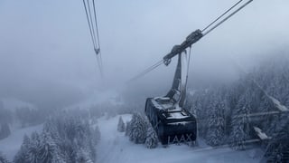 Seilbahnkabine der Laaxer Bergbahnen während der Fahrt vor einem nebligen Hintergrund und schneebedeckten Wiesen und Bäumen