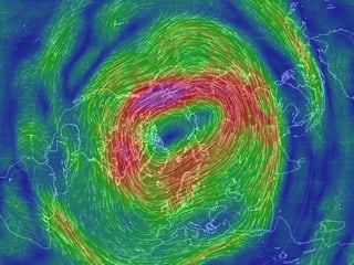 Ein Karte zeigt das Starkwindband rings um den Nordpol.