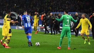 Hertha-Captain Ibisevic bewirft BVB-Goalie Bürki, der die Hände verwirft.