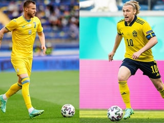 Ukraine-Stürmer Andriy Jarmolenko (links) und Schwedens Emil Forsberg.