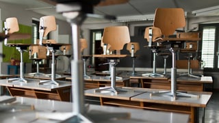 Auf den Pult gestellte Stühle in einem Klassenzimmer