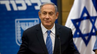 Israels Ministerpräsident Netanjahu am Mikrofon, lächelnd. 