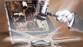 Die Illustration zeigt das Bild von Schiele, im Vordergrund einen Gerichtshammer.