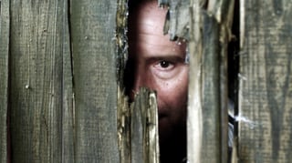 Schauspieler Stefan Kurt schaut durch ein Loch in einer Holzwand