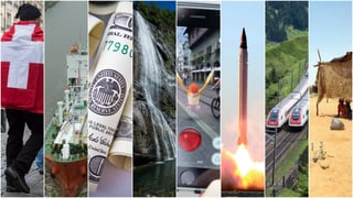 Collage von mehren Bildern, darunter eine Schweizer Flagge, eine Dollar-Note oder ein Wasserfall.