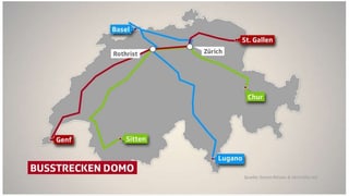 Plan mit dem Streckennetz der ersten drei Fernbuslinien in der Schweiz