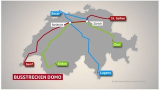 Plan mit dem Streckennetz der ersten drei Fernbuslinien in der Schweiz Plan mit dem Streckennetz der ersten drei Fernbuslinien in der Schweiz