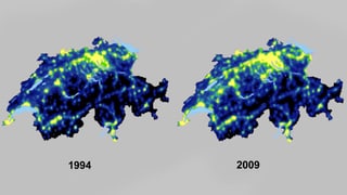 Lichtverschmutz im Vergleich: Grafik der Schweiz 1994 und 2009.