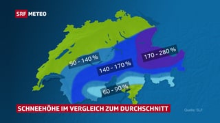 Schweizer Karte die prozentuale Schneeverteilung zeigt im Vergleich zum lanjährigen Mittel.