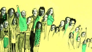 Eine gelb-grüne Illustration: junge und ältere Leute stehen nebeneinander.