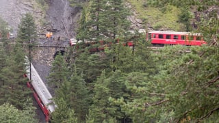 Im Vordergrund stehen Bäume und verdecken teilweise die Sicht auf 2 rote RhB-Wagen. Diese sind entgleist, aber stehen noch auf dem Trasse. Links im Bild ist der Erdrutsch über die Bahngleise und den heruntergestürtzten Bahnwagen zu sehen.