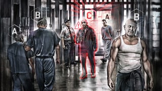 Die Illustration zeigt Gefängnisinsassen, die mit einem Buchstaben A, B oder C gekennzeichnet sind.