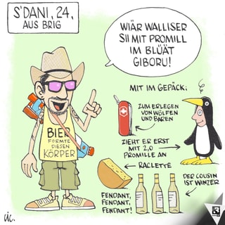 Karikatur eines Mannes mit Hut, Weisswein und Käse.