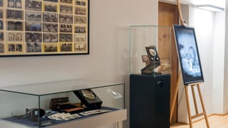 Ausstellungsansicht; Vitrine und Bild