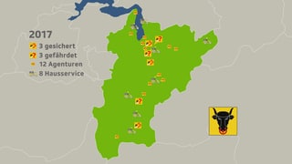 Karte des Kantons Uri mit eingezeichneten Poststellen, Agenturen und Hausservices.