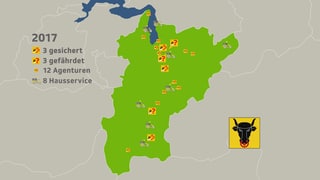 Karte des Kantons Uri mit eingezeichneten Poststellen, Agenturen und Hausservices. Karte des Kantons Uri mit eingezeichneten Poststellen, Agenturen und Hausservices.