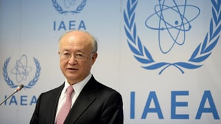 IAEA-Chef Amano vor dem Logo der Behörde.