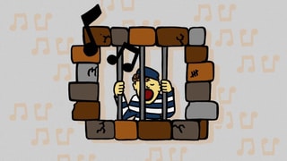 Illustration eines Mannes hinter Gittern, der singt.