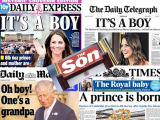 Zu sehen sind verschiedene Britische Tageszeitungen, die sich mit der Geburt des royalen Babies befassen.