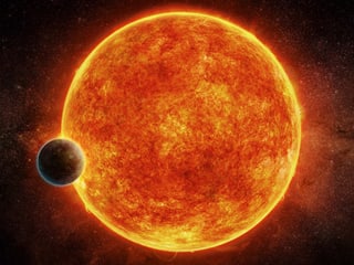 Illustration des Exoplaneten LH 1140b mit seiner Sonne im Hintergrund