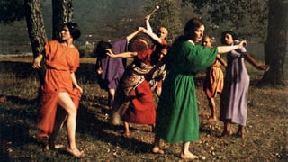 Sieben Frauen in weiten, farbigen Kleidern, tanzen im Wald