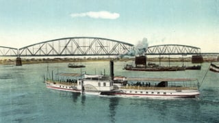 Eine illustrierte Postkarte: ein Dampfschiff auf dem Rhein.