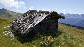 Ein altes Holzgebäude mit einem verfallenen Dach ist abgebildet. Ein altes Holzgebäude mit einem verfallenen Dach ist abgebildet.