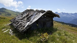 Ein altes Holzgebäude mit einem verfallenen Dach ist abgebildet.