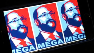 Illustration: Gesicht eines Mannes in rot und blau, darunter steht: MEGA.