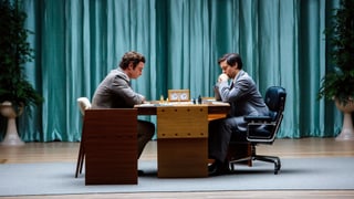 Liev Schreiber als Boris Spassky und Tobey Maguire als Bobby Fischer in ein Schachspiel vertieft