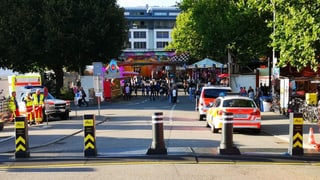 im Hintergrund ein Strassenfest, im Vordergrund Polizeiautos und schwarz/gelbe Poller