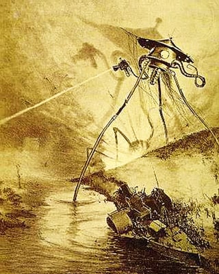 Dreibeinige Kampfmaschine vom Mars schiesst mit einer Art Laserkanone. Dreibeinige Kampfmaschine vom Mars schiesst mit einer Art Laserkanone.